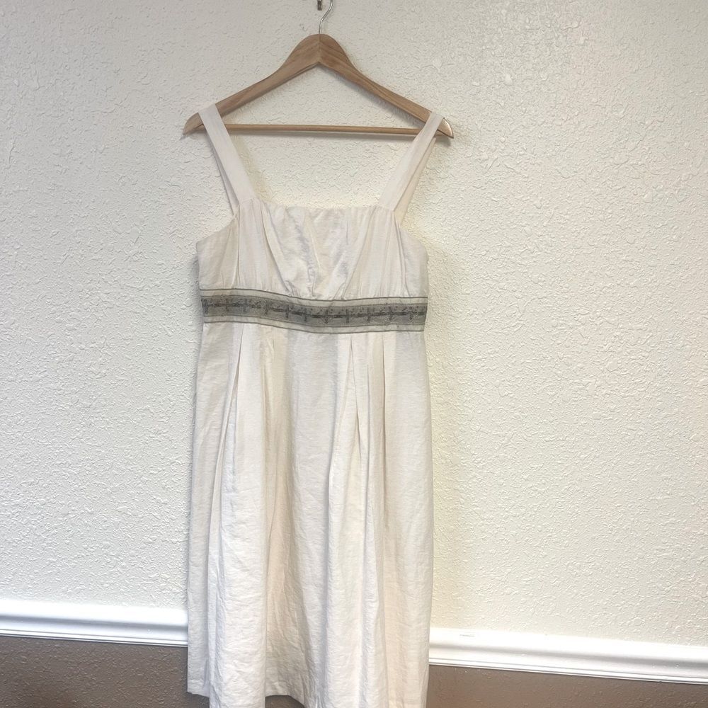 Herve Bernard Linen Blend Dress | Size 8 | Cream &‎ Tan Trim | Sleeveless